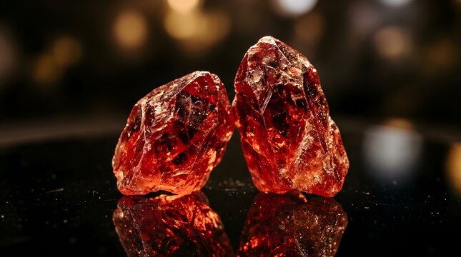 Two raw garnet crystals displayed on reflective surface with bokeh background gemstone photography