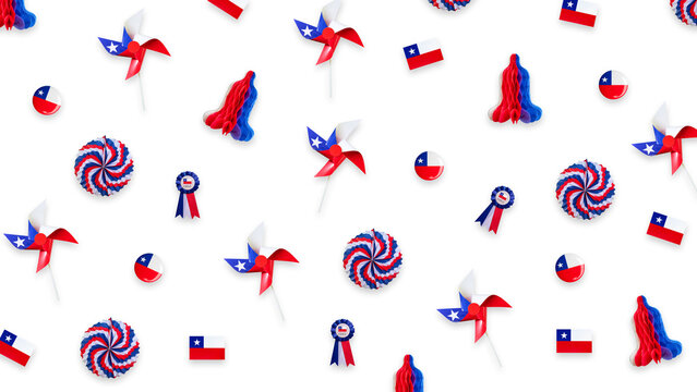 Seamless pattern of Chilean patriotic decorations, traditional national flags, paper pinwheels, copihue, and tricolor rosettes isolated on transparent background, panoramic horizontal 16:9