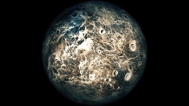 Rocky planet or moon with craters and bright surface cracks floating in dark space