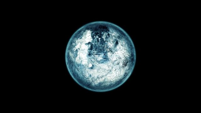 Blue icy planet or moon isolated against a black space background