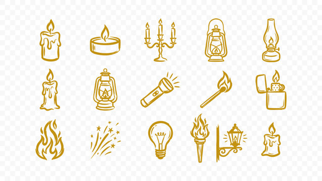 lighting candle lantern light bulb electricity night home doodle handmade ink scribble flat line art vector illustration icon bundle set calligraphy drawing design light sources
