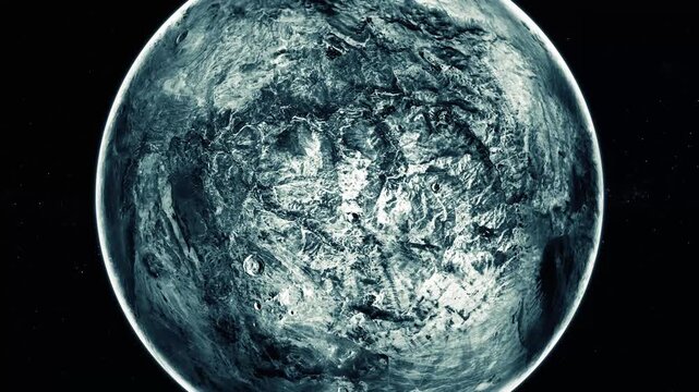 A detailed icy planet or moon floating in dark space with a rough, cratered surface and bright rim light.