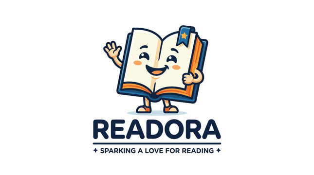 Happy anthropomorphic book character mascot waving on white background