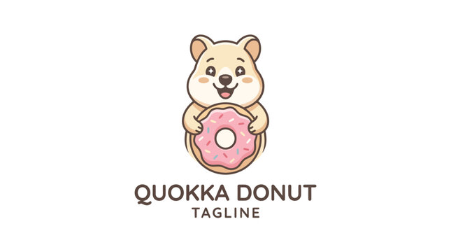 Happy quokka mascot holding a pink glazed donut logo.