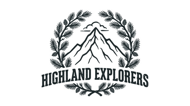 Highland explorers mountain pine branches decorative nature logo.
