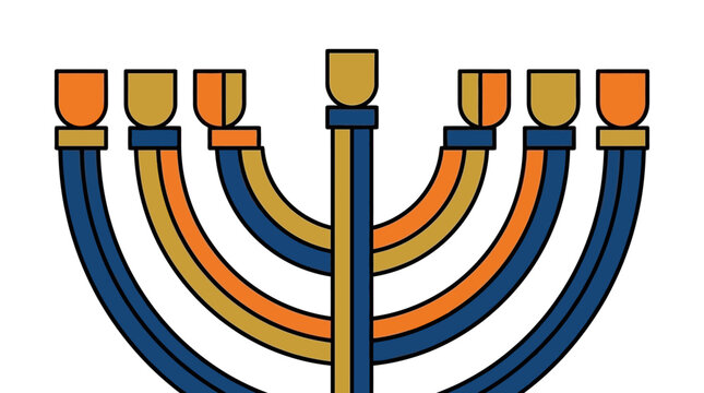 A stylized vector illustration of a traditional seven-branched menorah in gold orange and blue