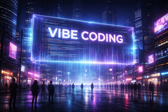 Vibe coding education concept in futuristic cityscape with glowing digital displays