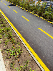 Obraz premium New bike lane with yellow markings and green plants along the side near a city street in daytime