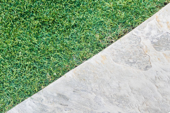 Diagonal Split of Green Grass and Stone Pavement Texture for Landscaping and Design Background