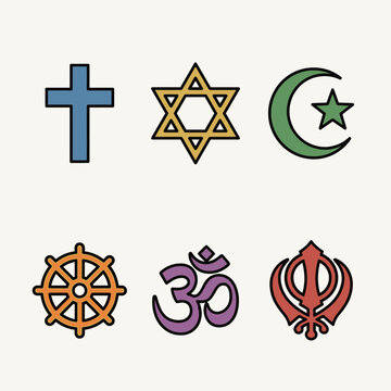 Illustrated symbols representing six major world religions