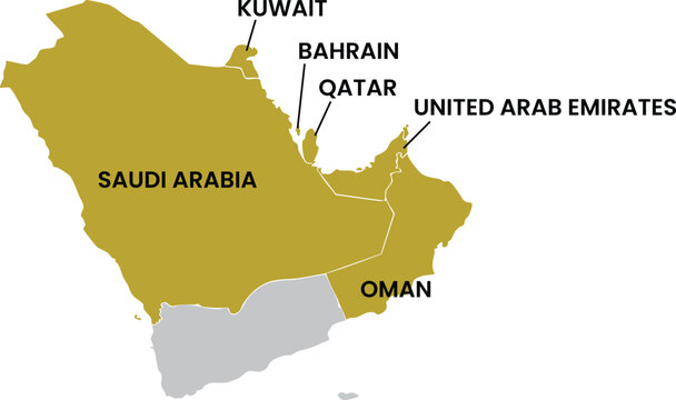 Map of the Arabian Peninsula with Gulf Countries Saudi Arabia United Arab Emirates Qatar Bahrain Kuwait and Oman