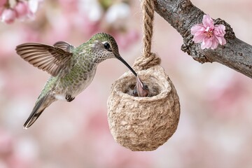 Fototapeta premium Mother hummingbird feeding newborn chicks in a delicate nest amidst blooming pink cherry blossoms