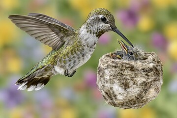 Fototapeta premium A mother hummingbird feeding her hungry chick in a cozy nest, with vibrant flowers in the background.