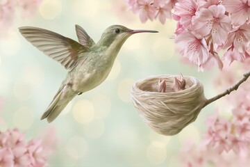 Fototapeta premium A delicate hummingbird hovers near a nest with hungry chicks, surrounded by soft pink cherry blossoms in spring.