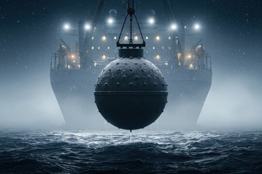A massive, snow-covered naval mine is suspended by chains over dark, choppy ocean waves, with a large, illuminated cargo ship in the foggy background.