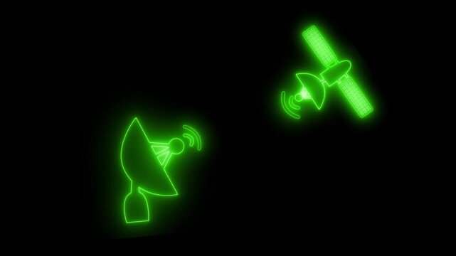 Glowing satellite and dish antenna icons on black background, showing wireless communication animation
