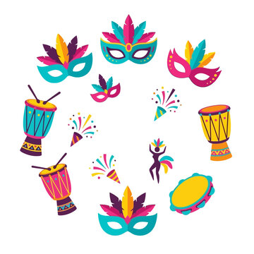 Vibrant Brazilian carnival masks and festive percussion instruments with colorful confetti