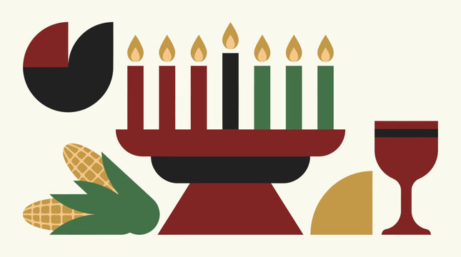 A stylized Kwanzaa celebration with a kinara and traditional symbols