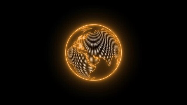 Glowing digital globe made of dots and lines on a black background, showing a modern world map sphere with a clean futuristic look animation