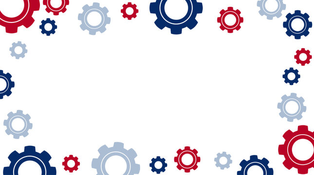 Clean white space frame for mechanical industry news with red and blue gears. This graphic is for Labor Day announcements, industrial engineering news, and technical project presentations.