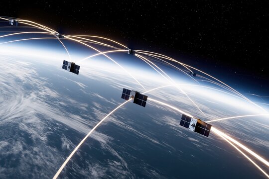 Network of satellites orbiting Earth, transmitting data through glowing light trails in space.