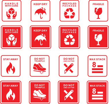 Shipping and Packaging Handling Symbols Set for Fragile Keep Dry Recycling and Storage Instructions