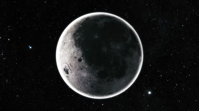 Dark moon or planet in deep space with bright rim light and starry background