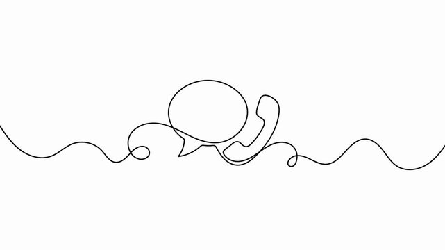 Telephone handset continuous line animation drawing next to an empty oval speech chat bubble