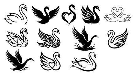 Obraz premium Set of black swan silhouettes and stylized bird logo designs.