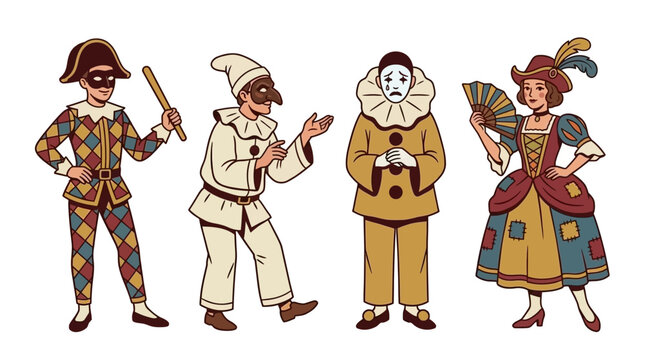 Four classic commedia dell arte characters standing together in colorful costumes