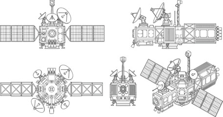 Obraz premium Satellite and Spacecraft Technical Line Drawing Collection with Multiple Orbital Communication System Views