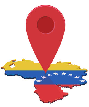 3D isometric map of Venezuela textured with national flag and a large red pointer mark representing travel destination, geographic coordinate and localization logistics (cut out)