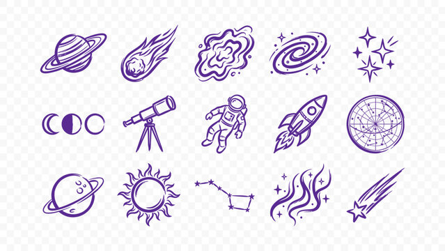 space rocket astronaut planet galaxy universe science doodle handmade ink scribble flat line art vector illustration icon bundle set calligraphy drawing design astronomy art