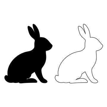 Rabbit black Silhouette Vector Solid and Outline Sitting Pair