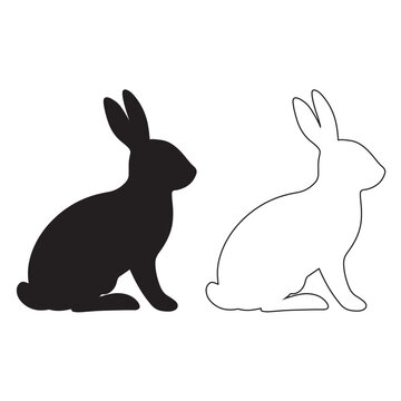 Rabbit black Silhouette Vector Solid and Outline Sitting Pair