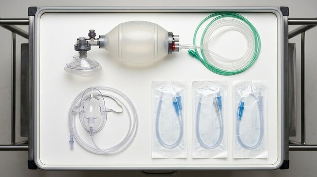 Top Tray of a Resuscitation Cart Holding Ambu Bag Oxygen Mask and Suction Catheter Arranged in Rows - Hospital Emergency Medical Equipment Stock Photo
