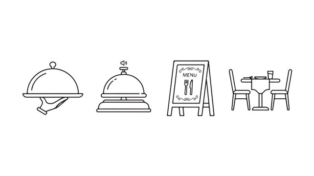 Restaurant icons including food covers, menu board, and dining table with chairs in a simple line style