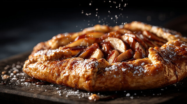 Fresh baked apple galette sprinkled with sugar on dark rustic surface, homemade
