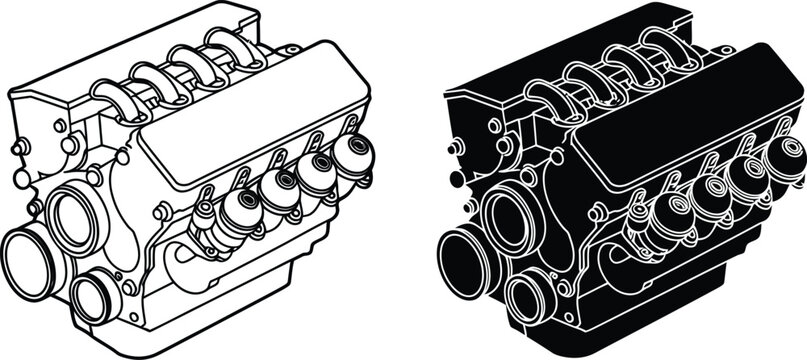 Automotive v8 engine block schematic vector illustration