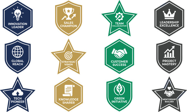 Set of professional corporate award badges and achievement icons for business excellence and leadership recognition