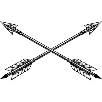 Hunting archery vector illustration set featuring crossed arrows, single arrow with broadhead, and modern compound bow isolated on white background.