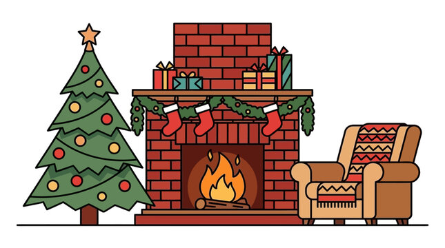 Cozy Christmas living room scene with decorated tree, fireplace and armchair