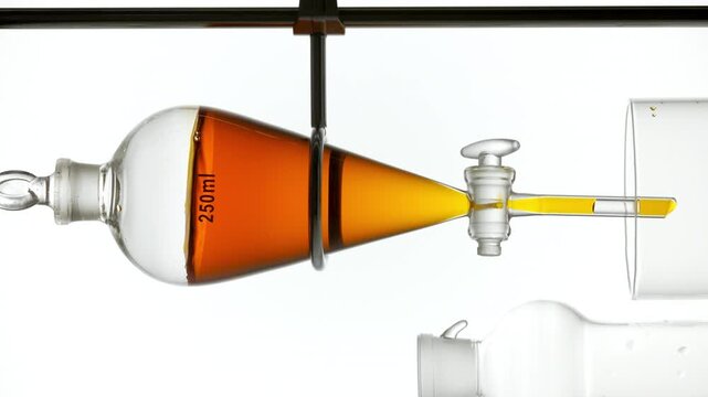 Close vertical framing of a separatory funnel being mixed with transparent orange liquid causing it to wave along the inner walls against white surface | Mango liquid extract cosmetic extract concept
