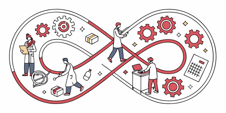 Professional team manages a circular workflow process illustrated with an infinity loop and gears.