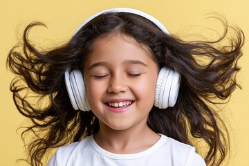 Fototapeta premium Joyful young girl with flowing dark hair wearing white headphones, eyes closed, smiling blissfully.