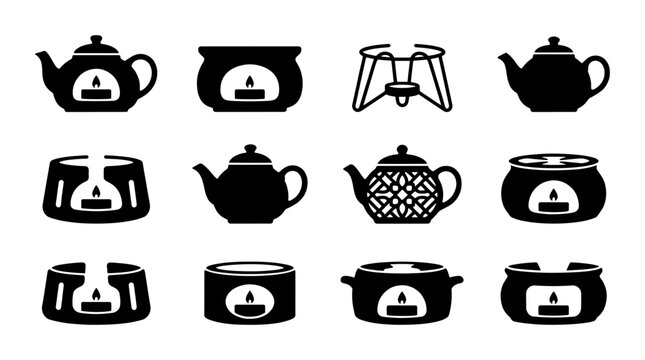 Tea Pot and Candle Warmer Icons, Vector Set: Ceramic Teaware, Aromatic Diffuser, Beverage Service, Home Fragrance Elements