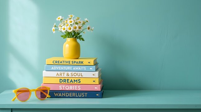 Inspiring still life with books flowers and sunglasses on a turquoise shelf