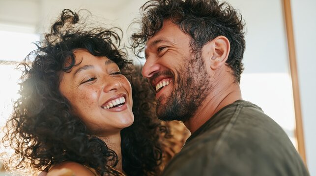 Couple in a cozy pose, sharing a joyful moment.