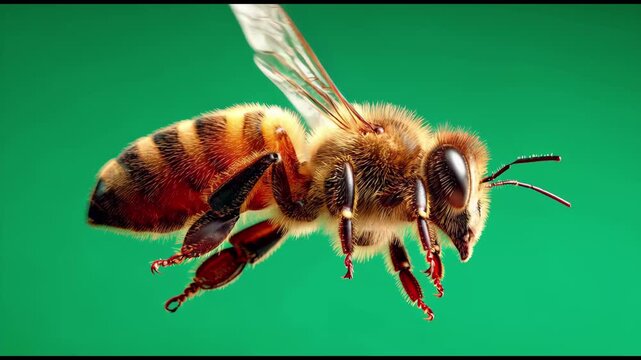 Honeybee in flight during pollination on a vibrant green background with gentle cinematic motion