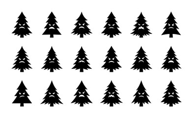 Obraz premium Grumpy Christmas Tree Vector Icons, Sad Evergreen Forest Symbols, Black Silhouette Festive Characters, Seasonal Holiday Design Elements